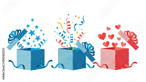 Set of three open gift boxes with stars, colorful confetti, and red hearts popping out, festive celebration and birthday surprise graphics.