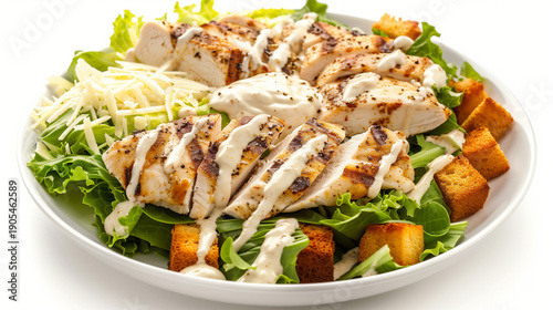 Caesar salad topped with grilled chicken, Parmesan shavings, croutons, and creamy dressing isolated on white background AI generated