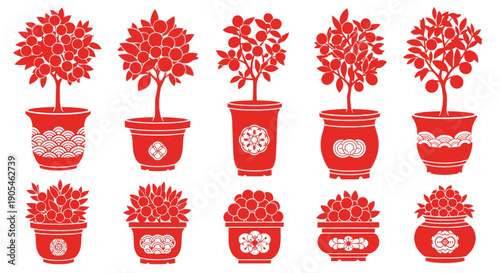 A collection of red silhouette potted plants in a traditional Chinese paper-cut style, featuring auspicious kumquat trees for the Lunar New Year