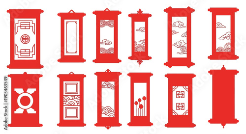 Elegant collection of traditional Asian decorative frames and oriental scroll banners, featuring intricate cultural patterns and artistic designs in a vibrant red illustration