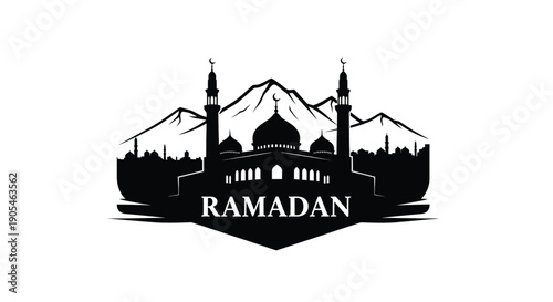 Ramadan mosque silhouette with mountains and minarets in Islamic style