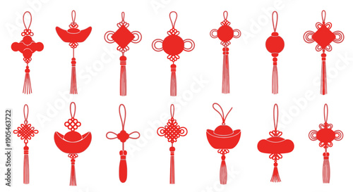 Collection of traditional red Chinese knot ornaments, symbol of good luck and prosperity, decorative tassels, auspicious symbols for festive occasions and cultural celebrations
