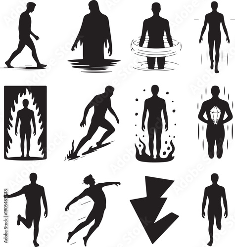 black silhouettes of people in various poses and emotions on white background