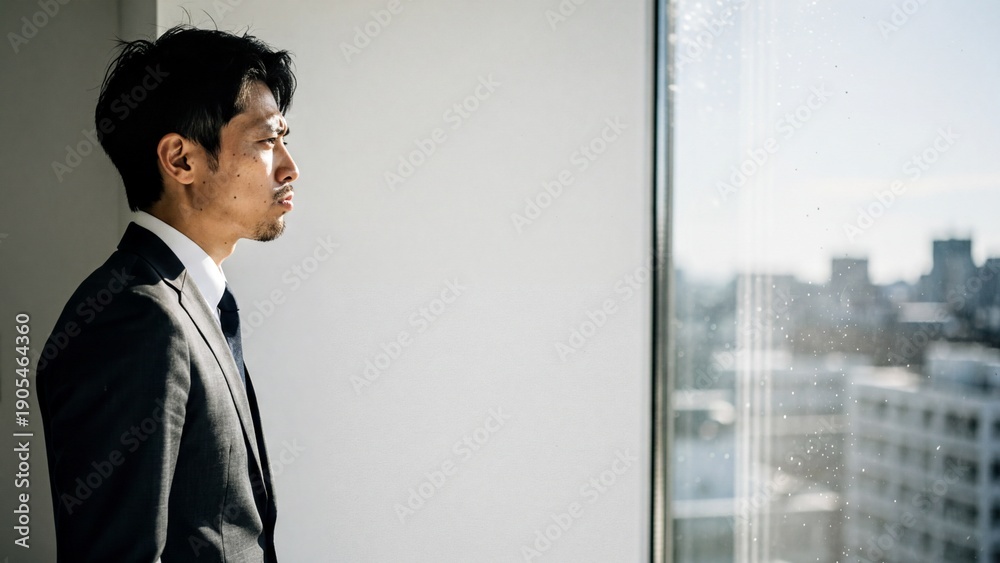 Fototapeta premium Serious Asian businessman looking out window with city view