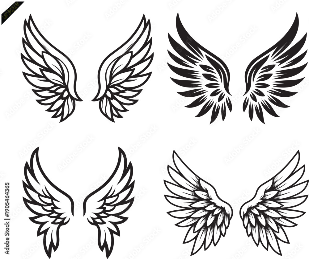 Obraz premium This vector set of black wings features elegant eagle and angel silhouettes, perfect for a bird-inspired tattoo illustration, heraldic emblem design, or a flying feather symbol art logo