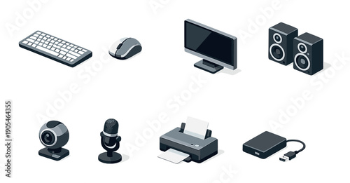 Collection of digital devices including keyboard, mouse, monitor, speakers, webcam, microphone, printer, hard drive