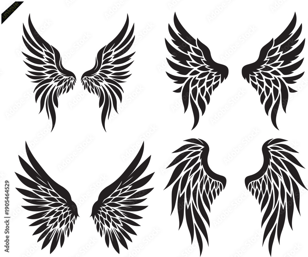 Obraz premium A vector set of black wing illustrations featuring eagle and angel silhouettes for tribal tattoo designs, bird icons, and flying heart symbols representing freedom