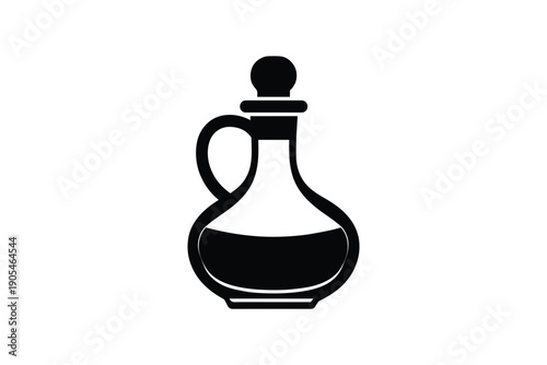 Glass bottle of oil with handle and stopper isolated on white background