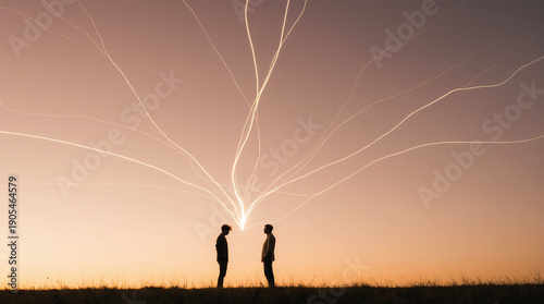 Silhouettes of two people standing apart but connected by a single, glowing thread of light, minimalist landscape at sunset
