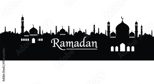 Ramadan city skyline silhouette with mosque architecture and copy space