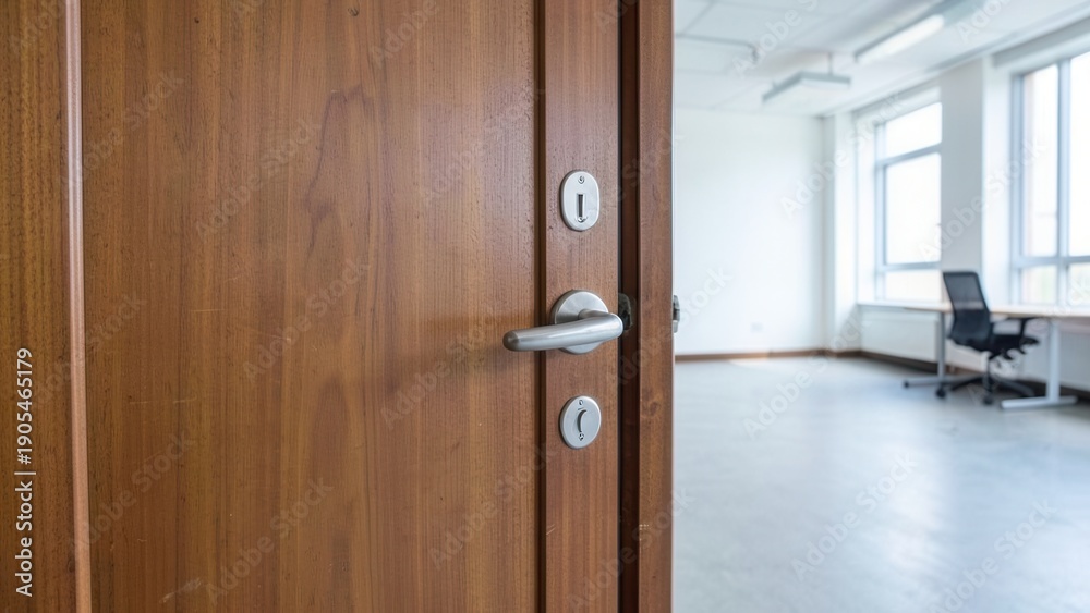Obraz premium A wooden door with a silver handle in an empty office space. 