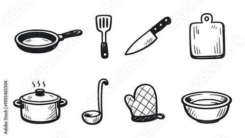 Hand-drawn cooking utensils: frying pan, spatula, knife, cutting board, pot, ladle, oven mitt, bowl