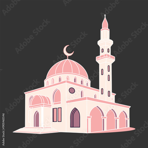 detailed digital art illustration of a mosque with a crescent moon, ornate architecture, domed roofs, minarets, architectural details, vibrant pink and white colors, dramatic lighting, dark background