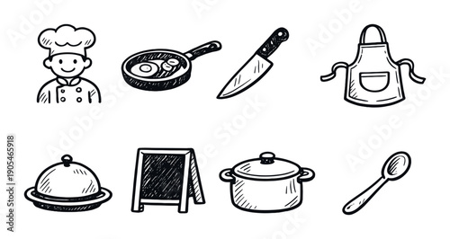 Hand-drawn cooking icon set: chef, utensils, cookware, and tableware on dark background