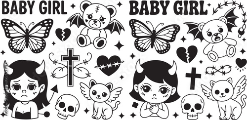 Baby Girl Gothic Aesthetic Sticker Pack Black and White Cute Dark Angel Devil Butterfly Skull Clipart