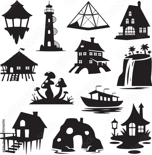 black silhouettes of various buildings and landscapes
