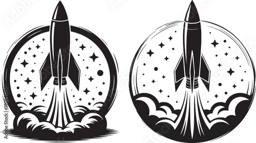 Retro Vintage Rocket Ship Launching into Space with Stars and Clouds Monochrome Vector Badge Set