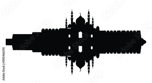 Mosque silhouette with minarets and domes against a white background