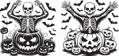 Spooky Skeleton Jumping Out of Jack O Lantern Pumpkin with Bats Halloween Vector Illustration