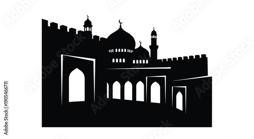 Islamic mosque architecture silhouette with domes and minarets on white background