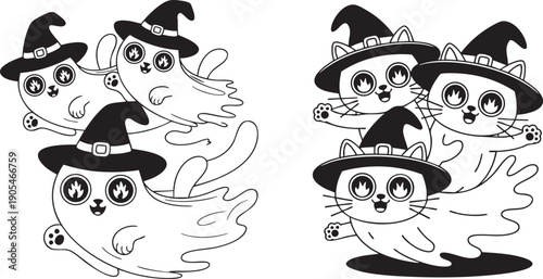 Cute Ghost Cats with Witch Hats – Black and White Halloween Illustration