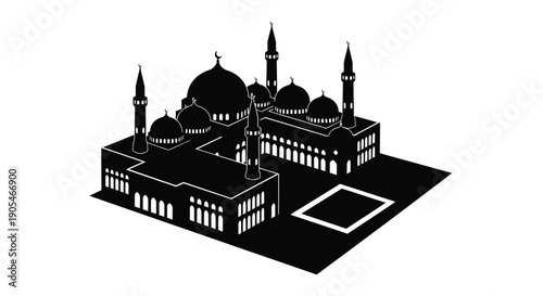 Mosque silhouette with domes and minarets on a black background with copy space