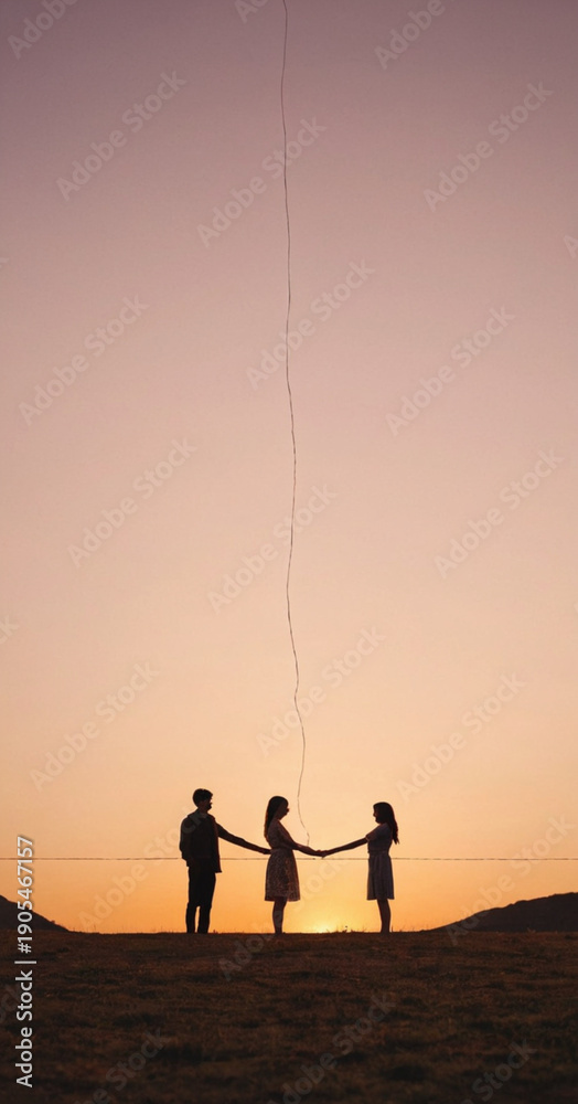 Fototapeta premium Silhouettes of two people standing apart but connected by a single, glowing thread of light, minimalist landscape at sunset
