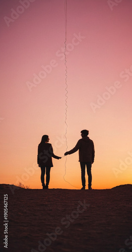 Silhouettes of two people standing apart but connected by a single, glowing thread of light, minimalist landscape at sunset