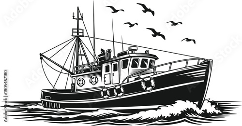 Commercial fishing boat trawler on ocean waves with seagulls black and white woodcut style nautical vector illustration