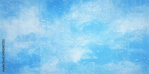A blue grunge abstract background features a cold winter texture of ice and snow patterns on a light paper surface under a cloudy nature sky