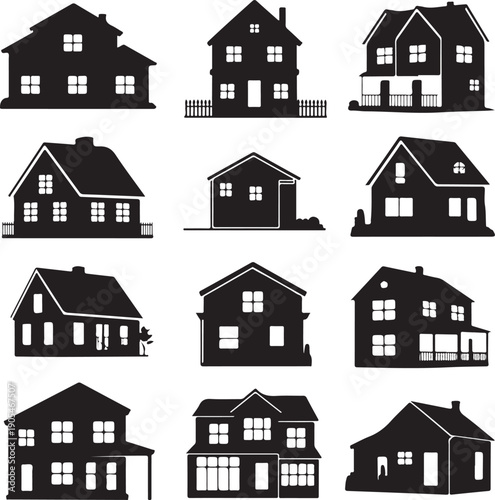 black silhouettes of various houses and chalets with windows and doors