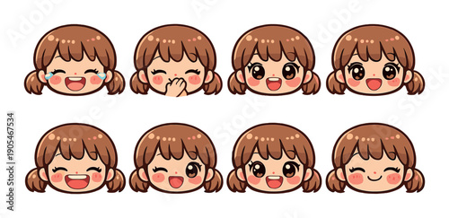 Anime expressions of young female characters with pigtails: happy, sad, surprised