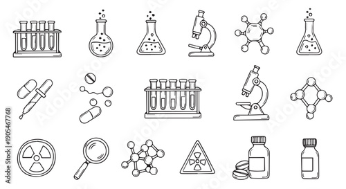 A collection of black line icons depicting various science and laboratory items, including test tubes, beakers, microscopes, pills, and molecular structures on white background.