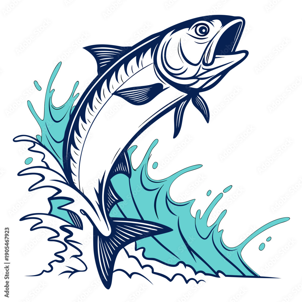 Obraz premium Dynamic Jumping Fish with Water Splash Illustration Sport Fishing Concept: Powerful Fish Leaping from Water Marine Life Graphic: Vibrant Jumping Fish Vector Outdoor Activity: Strong Fish Emblem for Fi