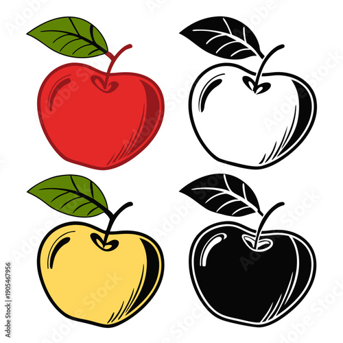 Variety of Apples: Whole, Sliced, and Outline Illustrations Set
Healthy Fruit Collection: Red, Green, and Yellow Apples
Fresh Apples: Detailed and Stylized Vector Illustrations
Nutrition and Diet: Ass
