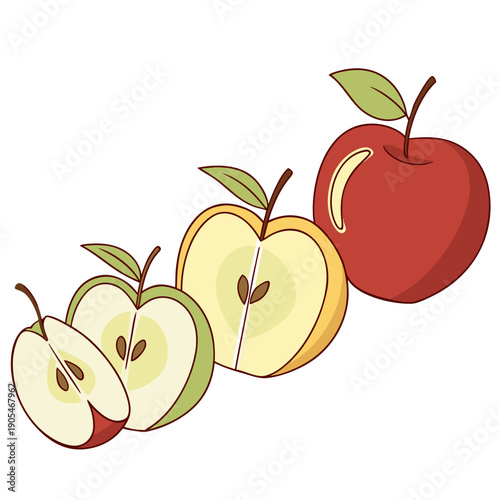 Variety of Apples: Whole, Sliced, and Outline Illustrations Set
Healthy Fruit Collection: Red, Green, and Yellow Apples
Fresh Apples: Detailed and Stylized Vector Illustrations
Nutrition and Diet: Ass