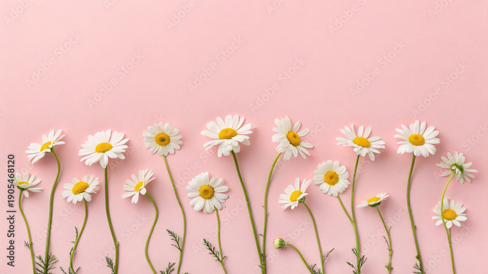 Fototapeta premium Daisy flowers positioned at lower portion of blush pink backdrop with varying heights creating natural organic composition