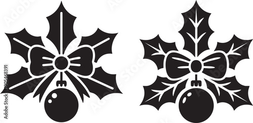 Christmas Holly with Bow and Ornament Black Silhouette SVG Festive Holiday Decoration Vector Design