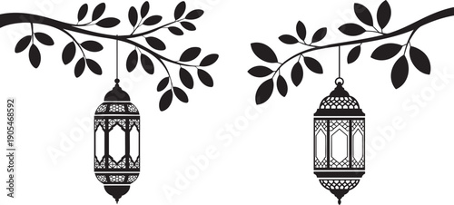 Arabic Moroccan Lantern Hanging from Tree Branch Ramadan Islamic Vector Silhouette