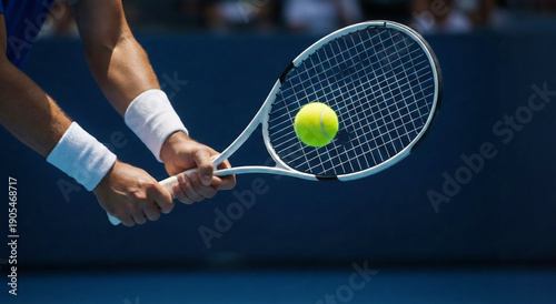 Close-up of muscular arms holding a tennis racket and hitting the ball. Banner championship tennis