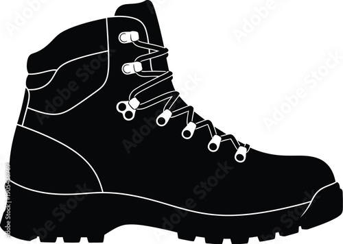 Hiking boot silhouette with laces and rugged sole on white background