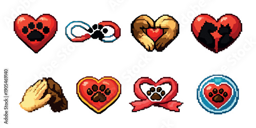 Pixel art heart icons with paws and animal themes