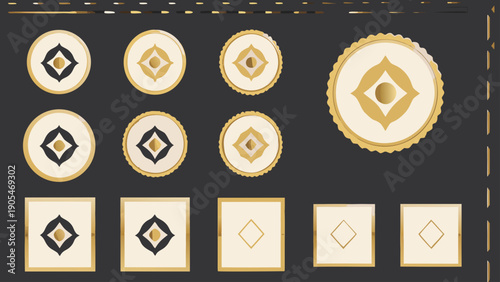 Luxury gold emblem design set with symmetrical shapes and ornate details on dark background