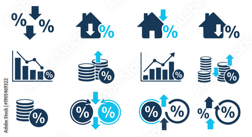 Collection of financial icons depicting percentage change, growth, decline, and money management concepts.
