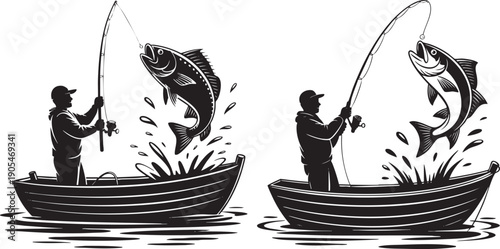 Fisherman Catching Fish in Boat Black Silhouette SVG Bass Fishing Sport Vector Illustration Design