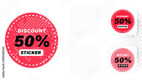 Red circular discount stickers with 50 percent off label and dashed border