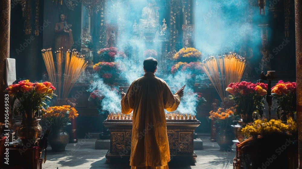Fototapeta premium Religious ceremony in a temple. A monk in traditional attire performs a ritual, surrounded by incense and flowers