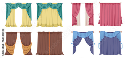 Closed and open curtains for window privacy with heavy blackout fabric or elegant tulle for home interior. Vector collection with cornice and drape elements for living room, classical luxury decor