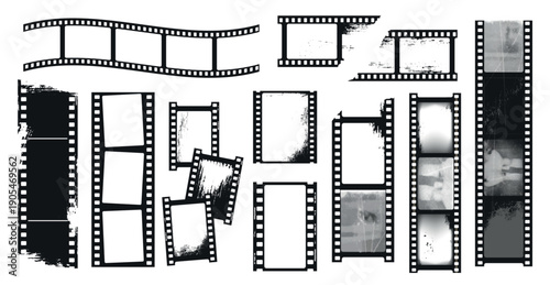Film strip frame set with sprocket borders and grunge texture for cinema collages, photography templates and vintage storyboard design. Vector collection of analog negatives for cinema vibe
