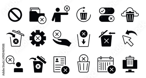 Delete and trash icons. Cancel cross and clear symbols to remove, block or discard files. Vector set of toggle switches and undo arrows for app settings, mistake erase and forbidden action